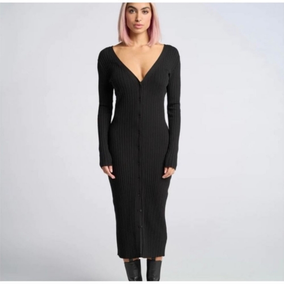 New LITA by Ciara REVOLVE Black Ribbed V Neck Cardigan Button Front Midi Dress - Picture 1 of 8